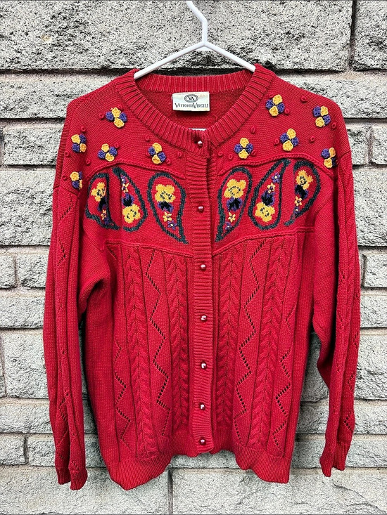 Vittoria Virgili Sweaters - Vintage Vittoria Virgili Red Embroidered Paisley Cable Knit Cardigan P2P 21”